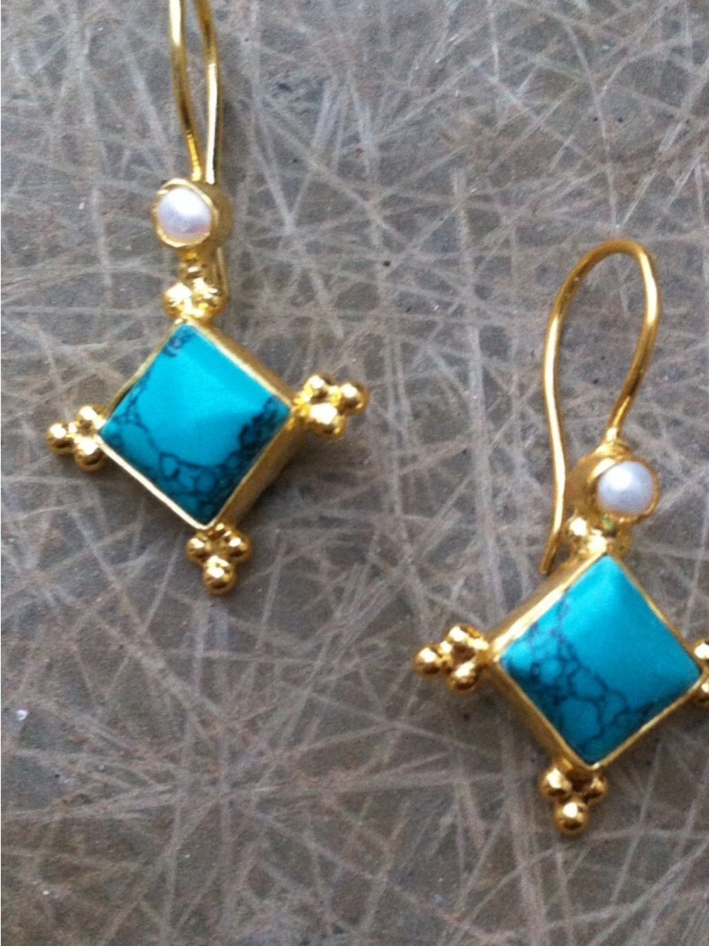 Farah Jewelry Gold Drop Earrings with Turquoise Squares and Pearl
